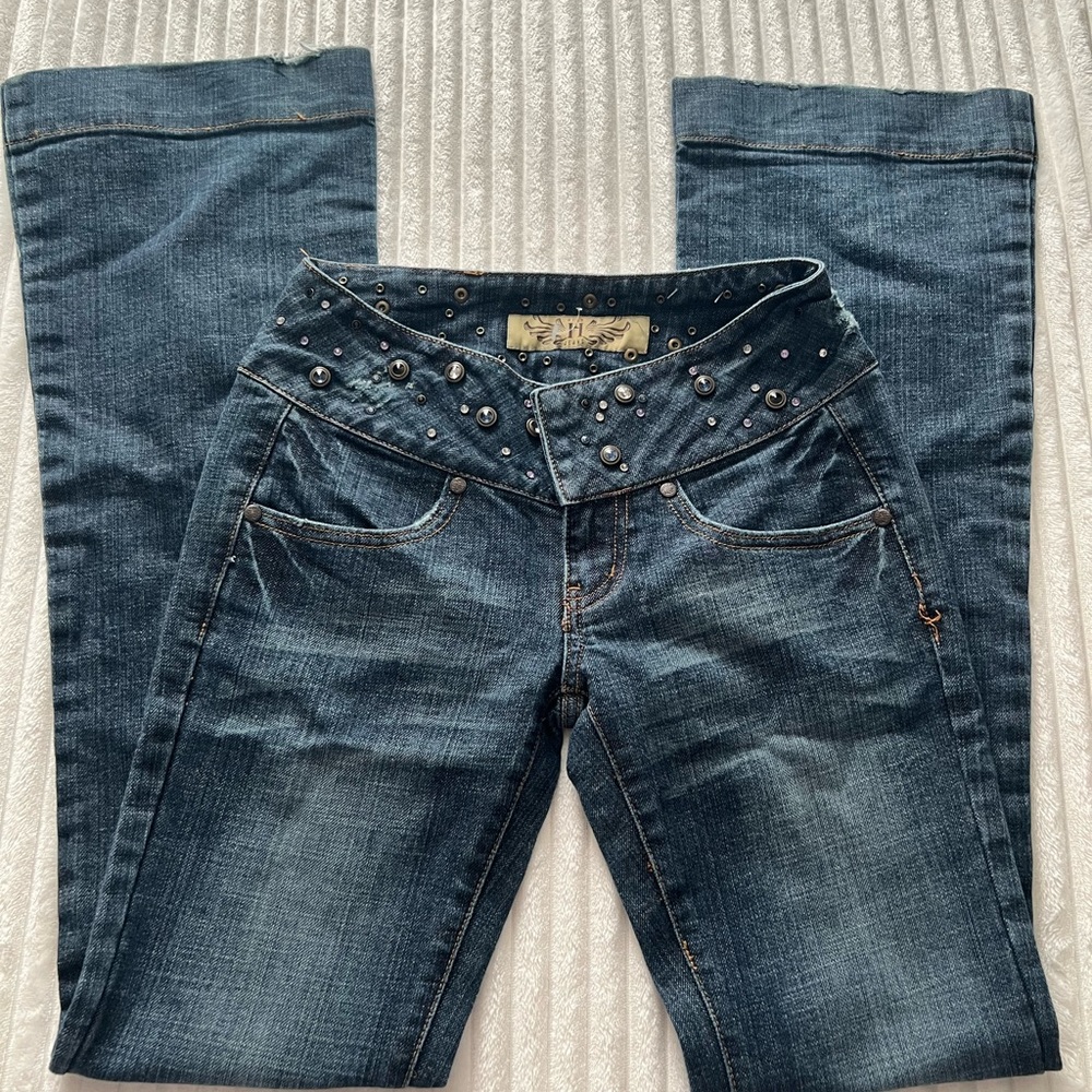 Hint jeans low rise waist rhinestone embellished flare leg distressed dark wash